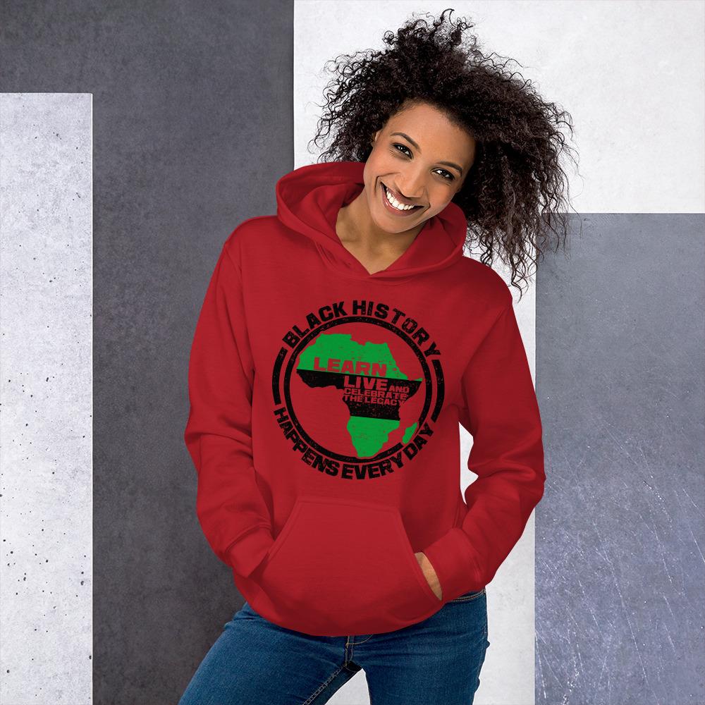 16 of 16: Black History Happens Everyday Unisex Hooded Sweatshirt (Red)