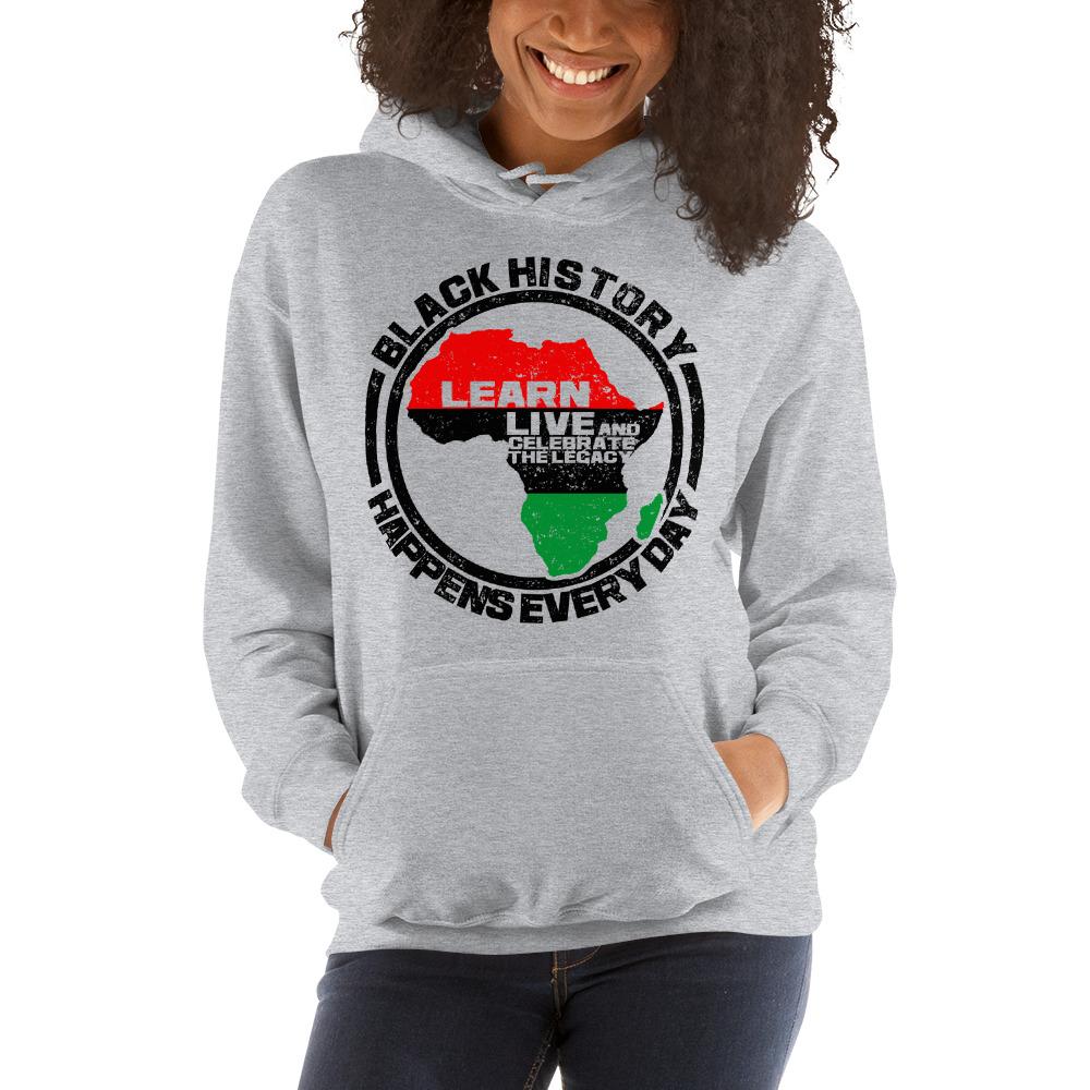 10 of 16: Black History Happens Everyday Unisex Hooded Sweatshirt (Ash)