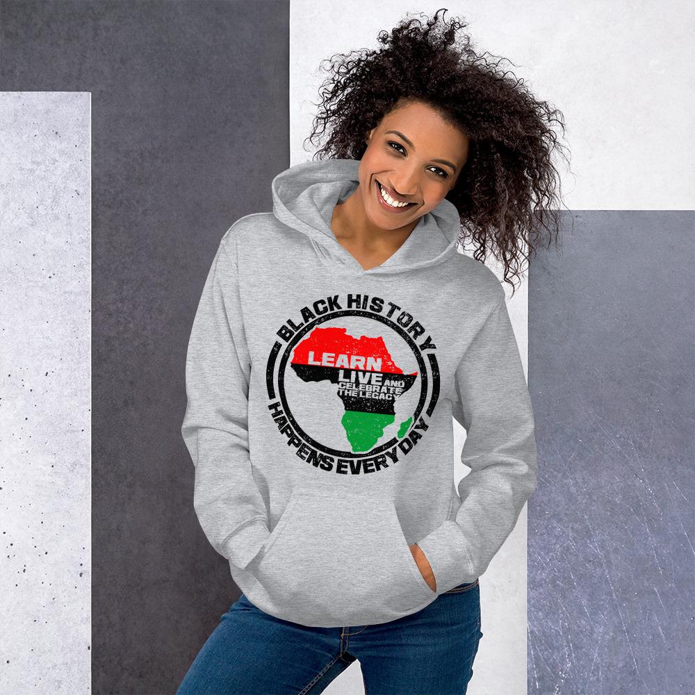 12 of 16: Black History Happens Everyday Unisex Hooded Sweatshirt (Ash)