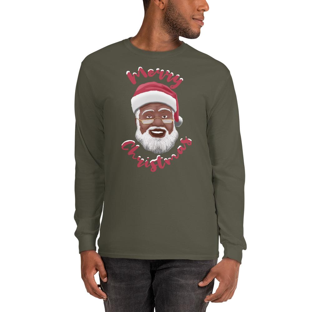 Merry Christmas (Black Santa Claus) Long Sleeve T-Shirt-T-Shirt-Soulful Generations-Small-Military Green-The Black Art Depot