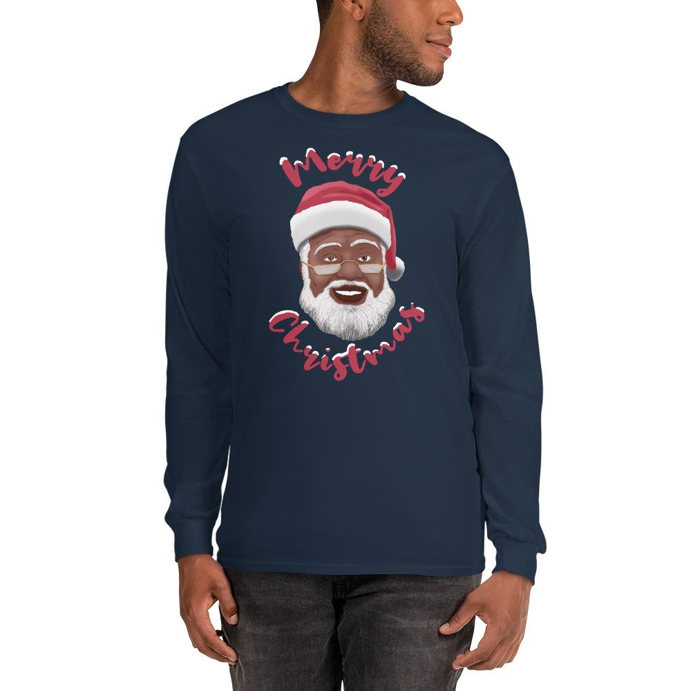 Merry Christmas (Black Santa Claus) Long Sleeve T-Shirt-T-Shirt-Soulful Generations-Small-Navy-The Black Art Depot