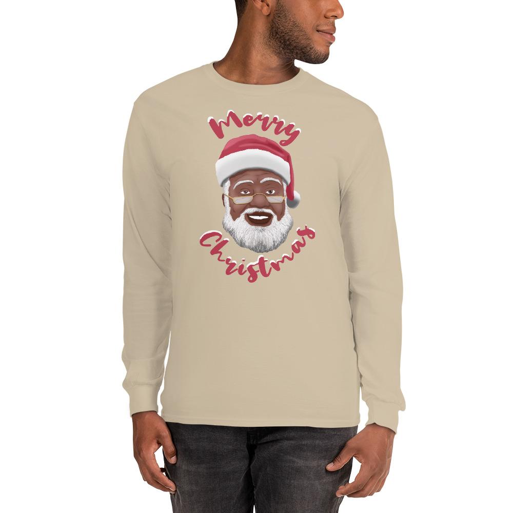 Merry Christmas (Black Santa Claus) Long Sleeve T-Shirt-T-Shirt-Soulful Generations-Small-Sand-The Black Art Depot