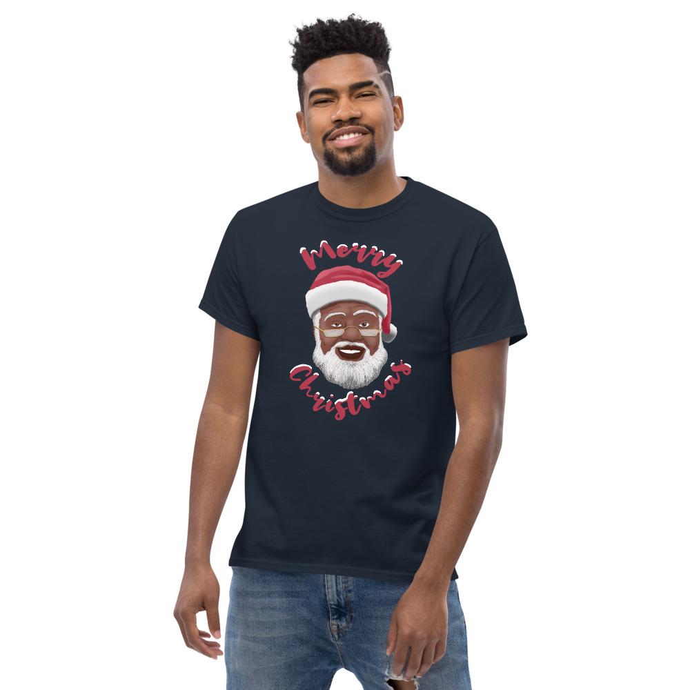 Merry Chirstmas: African American Santa Claus Short Sleeve T-Shirt (Navy)