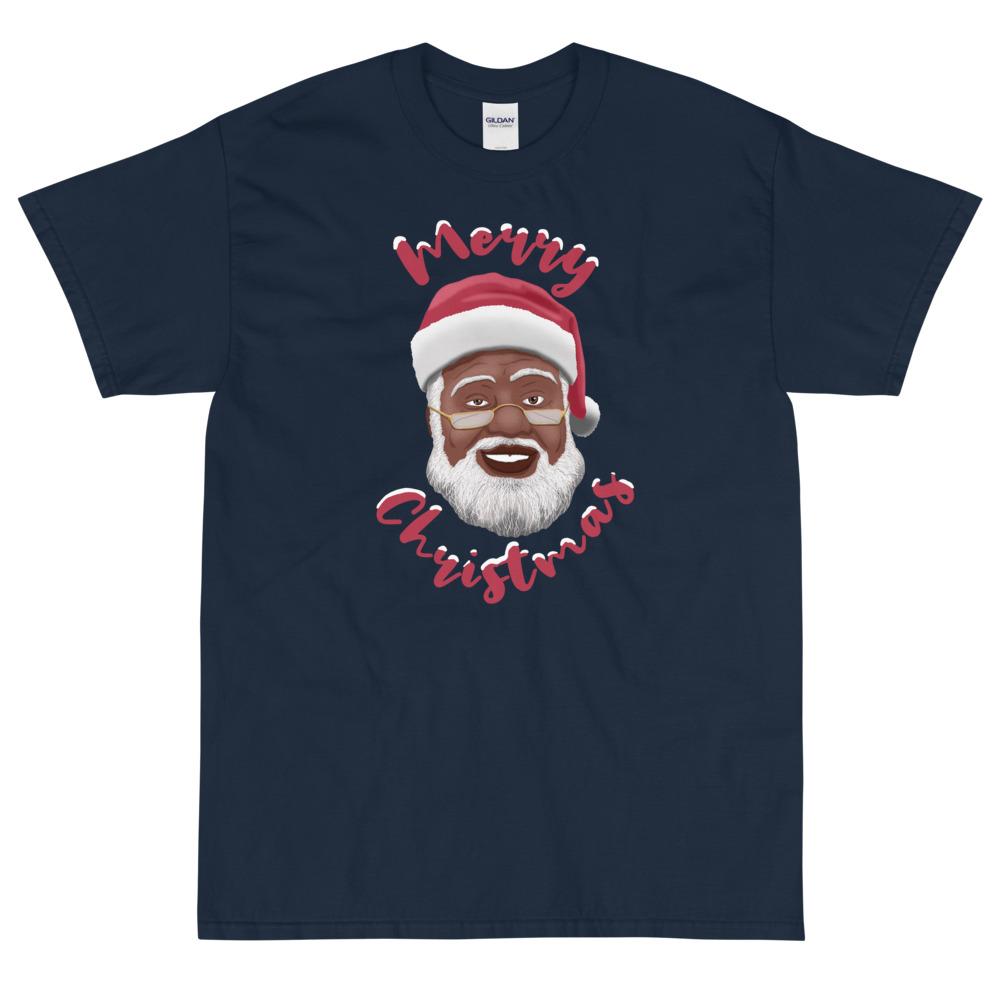 Merry Chirstmas: African American Santa Claus Short Sleeve T-Shirt (Navy)