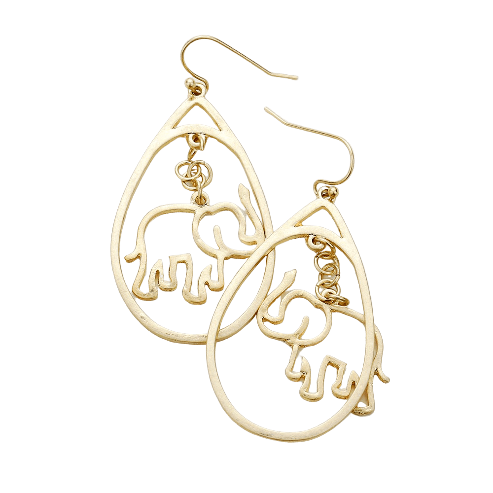 Worn Gold Toned Accented Metal Elephant Teardrop Earrings by Elephant Boutique