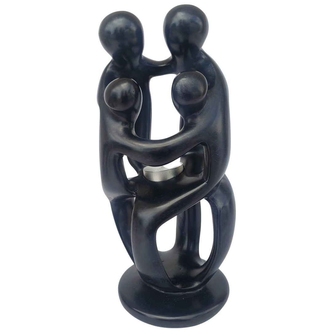 Family Circle: African Soapstone Tea Light Holder Sculpture (Black)