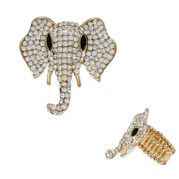 Sparkling Stone Embellished Elephant Stretch Ring (Gold Tone)