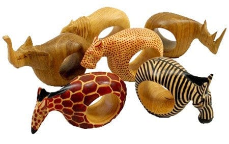 Mahogany Animal Napkin Rings w/ Handmade Banana Fiber Presentation Box by Jedando Handicrafts