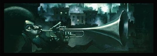 thumbnail image 2 of Trumpet Man Canvas Wall Art By Justin Bua – 37x12, Stretched & Ready To Hang, Urban Jazz Festival Decor 2 of 5