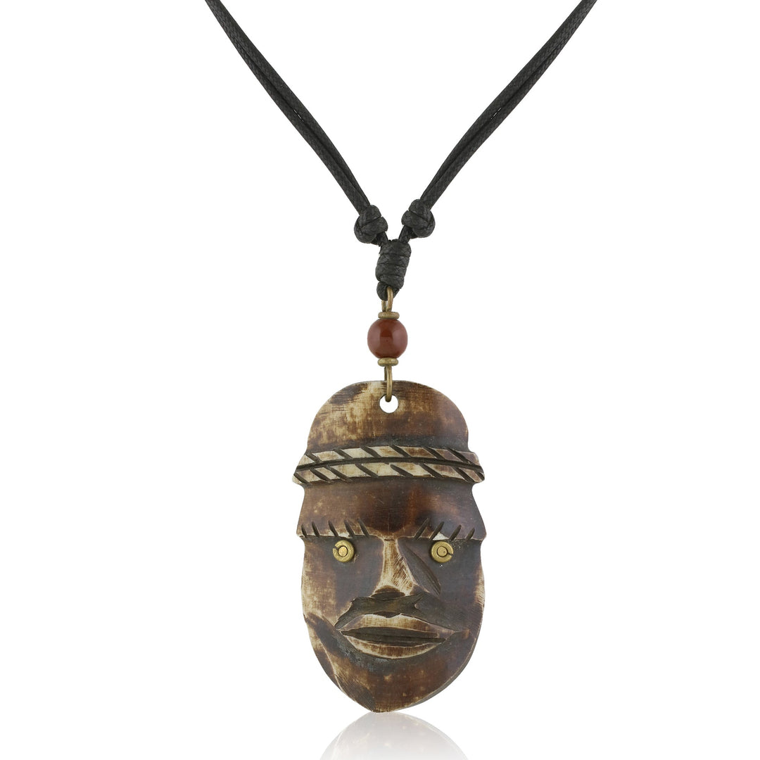 African Mask III: Authentic African Bone and Brass Pendant Necklace