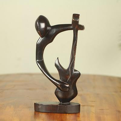Bass Guitar Man: Authentic African Sculpture (Teakwood - Ghana)
