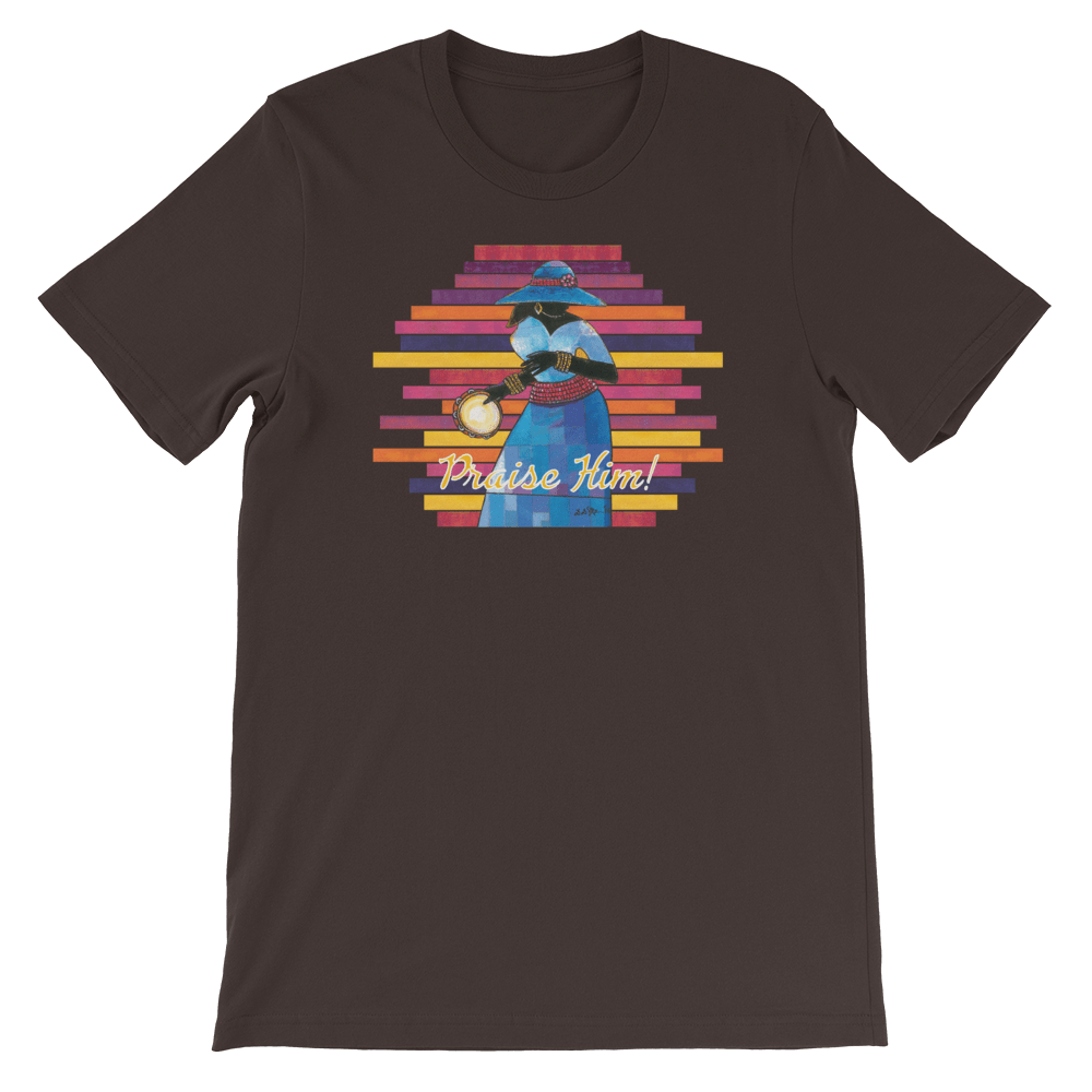Praise Him by D.D. Ike: African American Religious Short Sleeve T-Shirt (Brown)