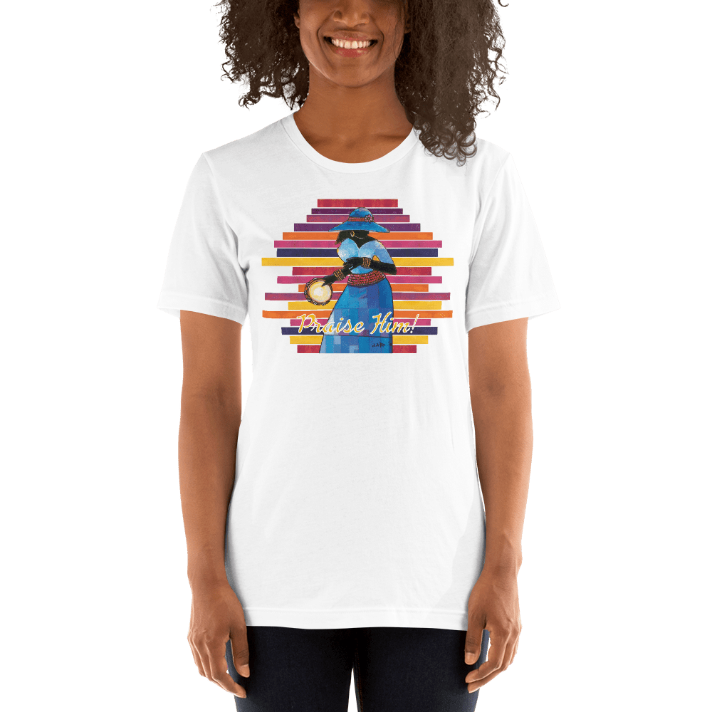 16 of 40: Praise Him by D.D. Ike: African American Religious Short Sleeve T-Shirt (White)