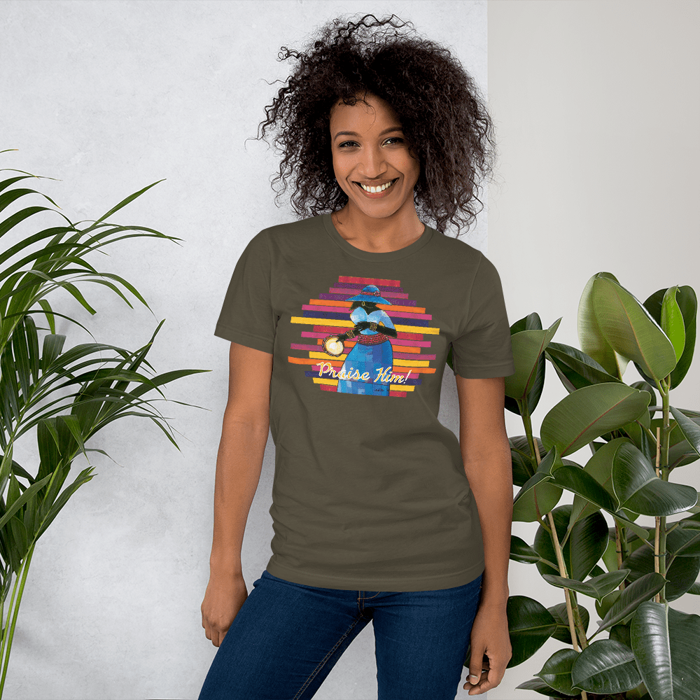 25 of 40: Praise Him by D.D. Ike: African American Religious Short Sleeve T-Shirt (Army)