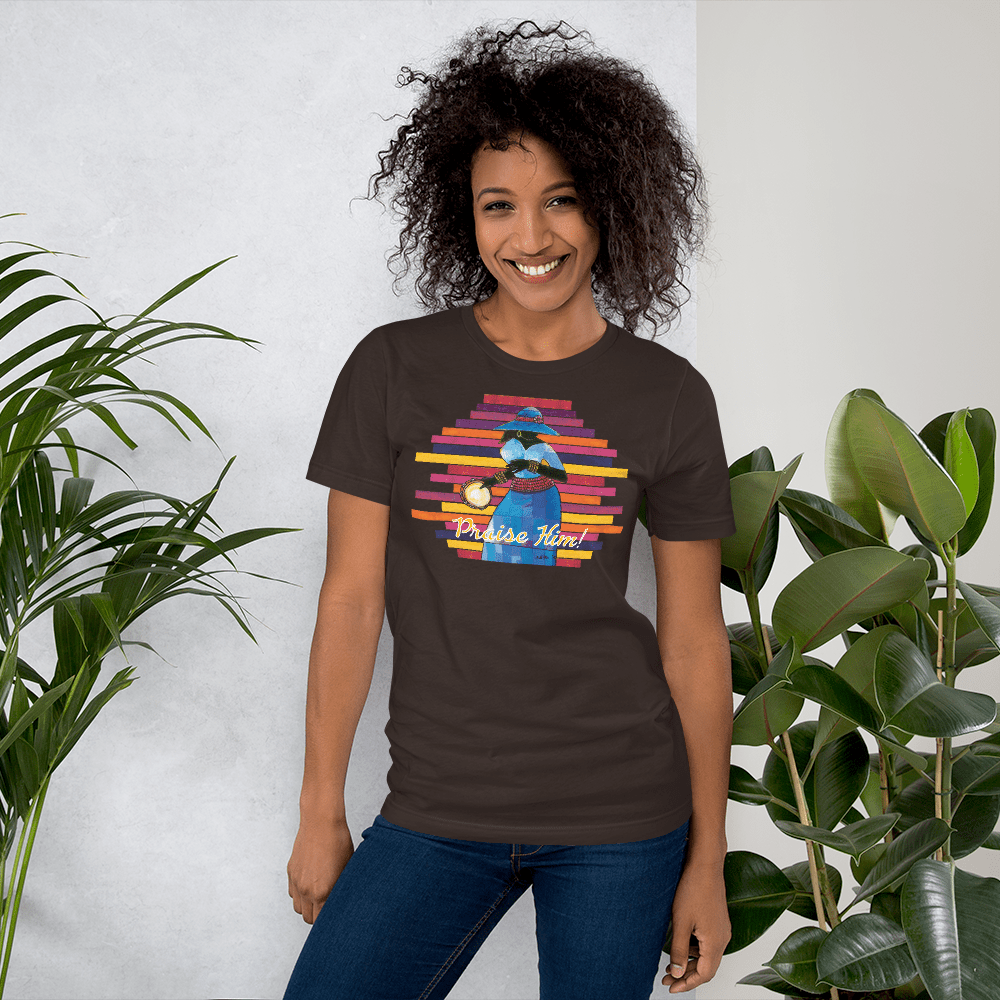 28 of 40: Praise Him by D.D. Ike: African American Religious Short Sleeve T-Shirt (Brown)