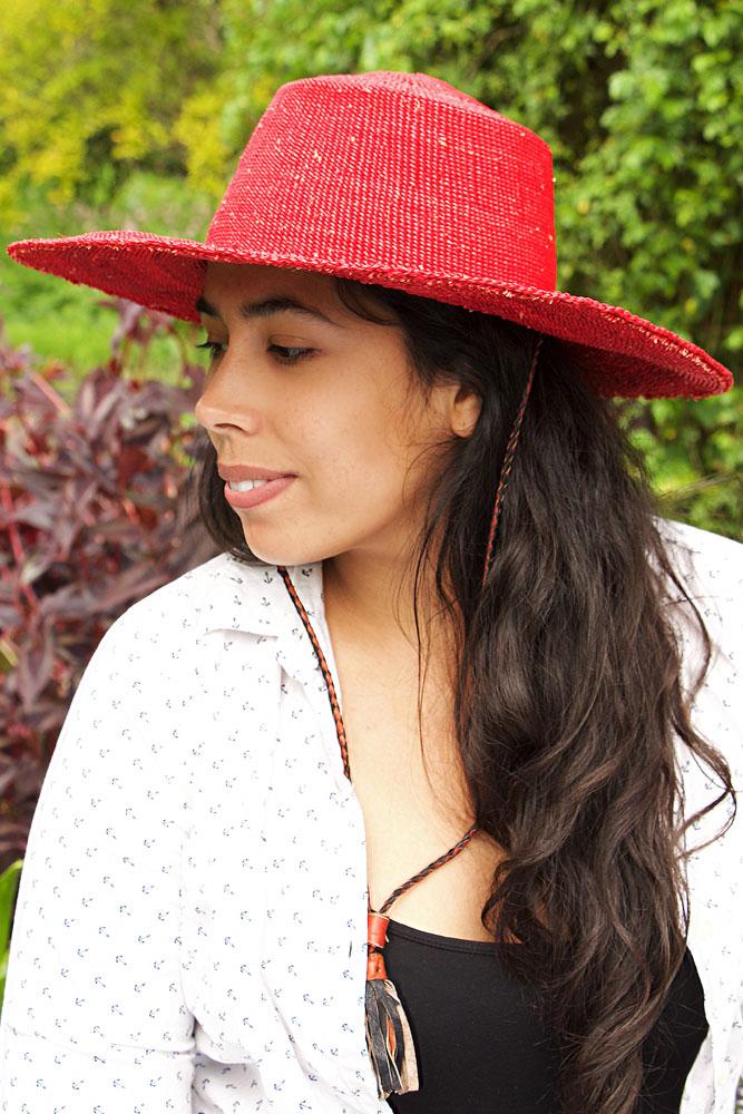 Authentic Hand Woven Ghanaian Elephant Grass Sun Hat (Red)