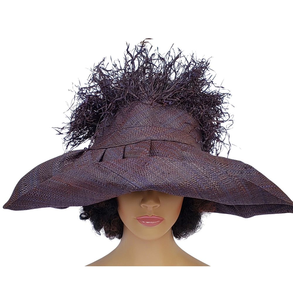 Chidinna: Hand Woven Madagascar Big Brim Crown Out Raffia Sun Hat (Black)