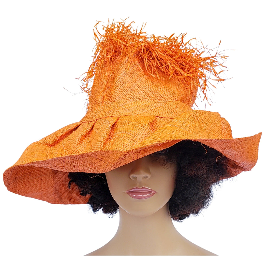 Hadiza: Handwoven Madagascar Big Brim Crown Out Raffia Sun Hat (Orange)