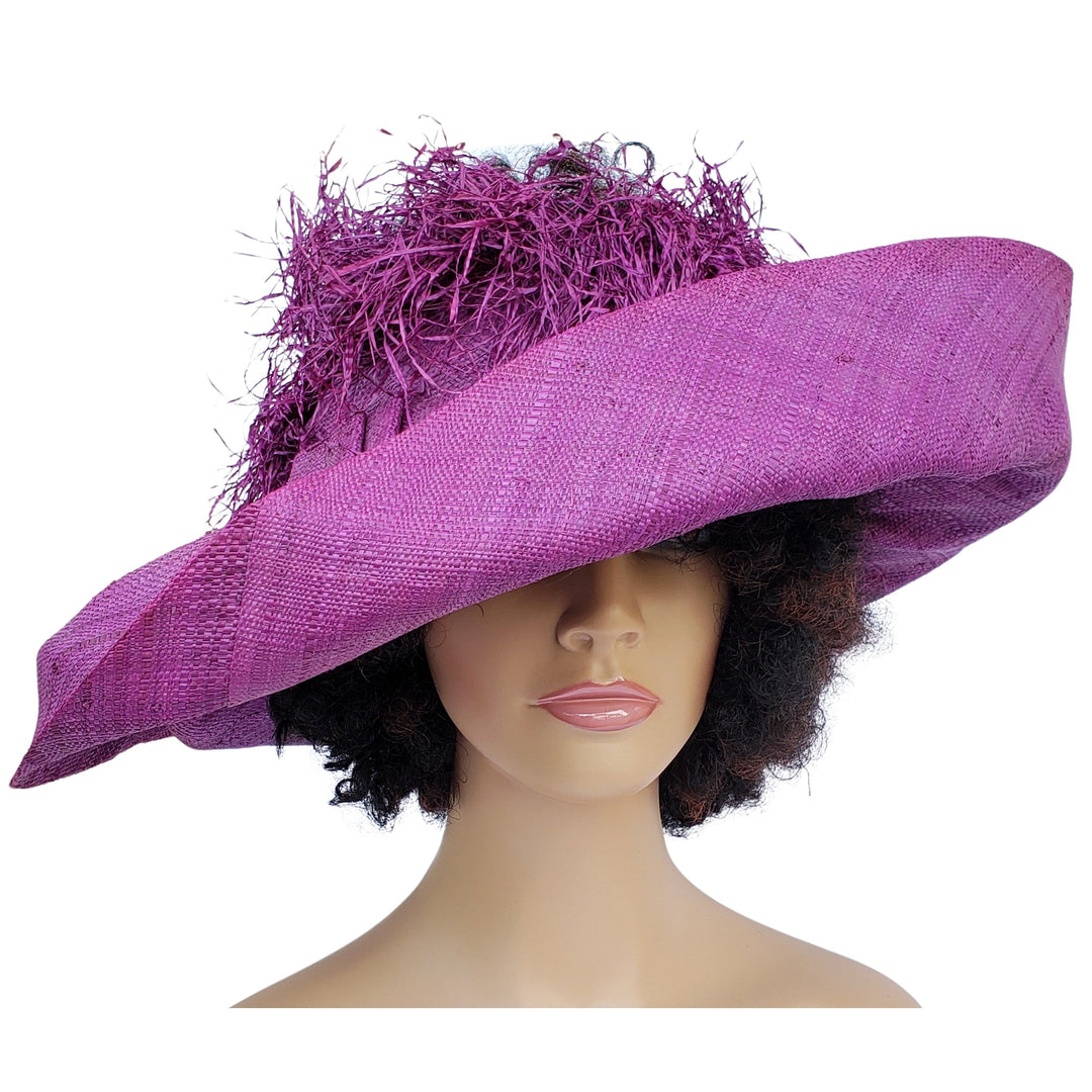Aberash: Handmade Madagascar Big Brim Crown Out Raffia Sun Hat (Purple)