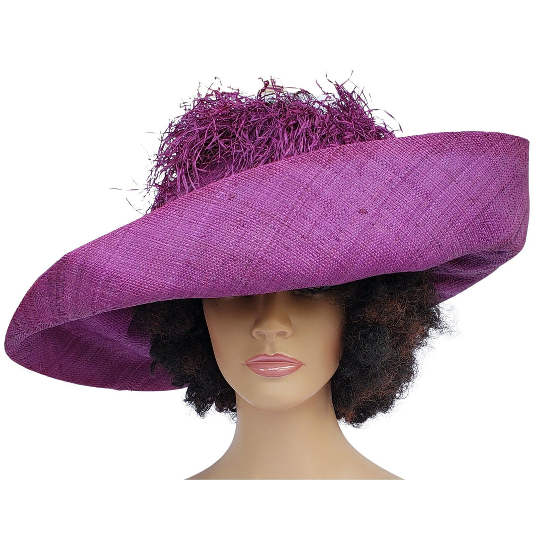 Aberash: Handmade Madagascar Big Brim Crown Out Raffia Sun Hat (Purple)