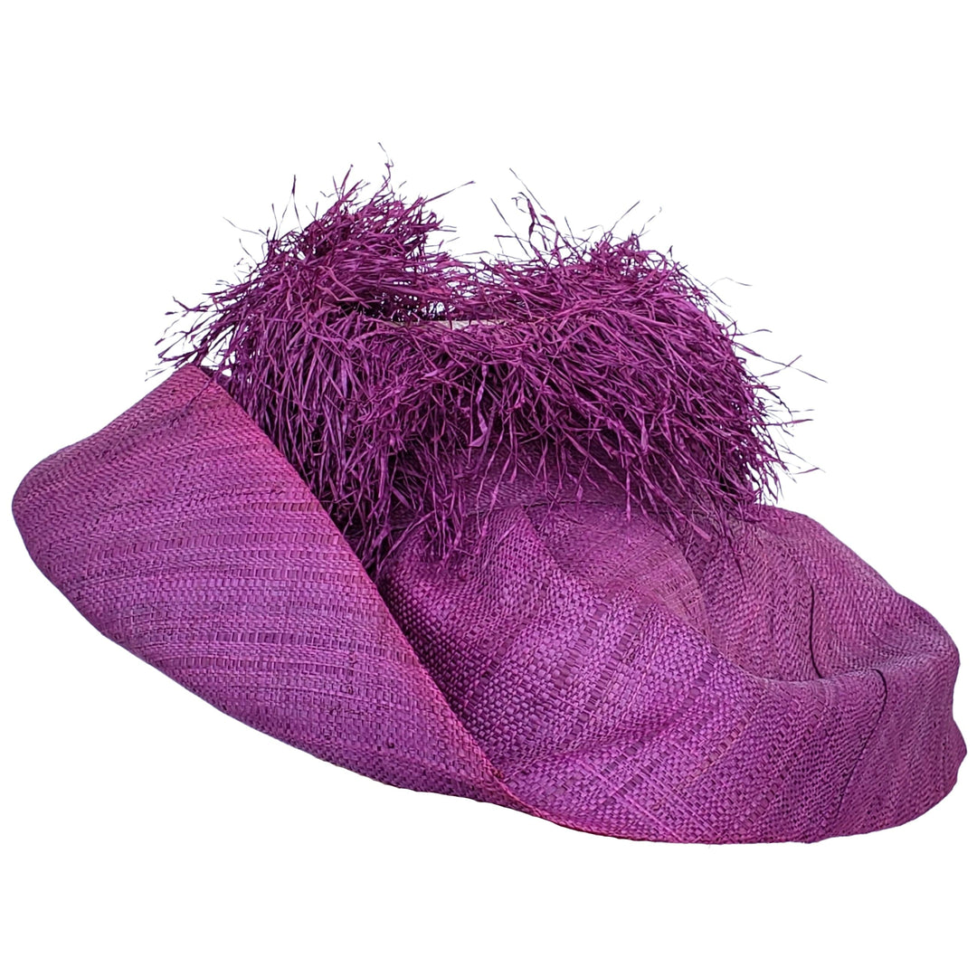 Aberash: Handmade Madagascar Big Brim Crown Out Raffia Sun Hat (Purple)