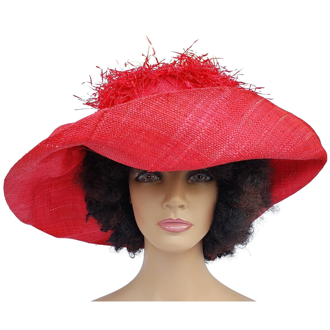 Nuru: Red Madagascar Big Brim Crown Out Raffia Sun Hat