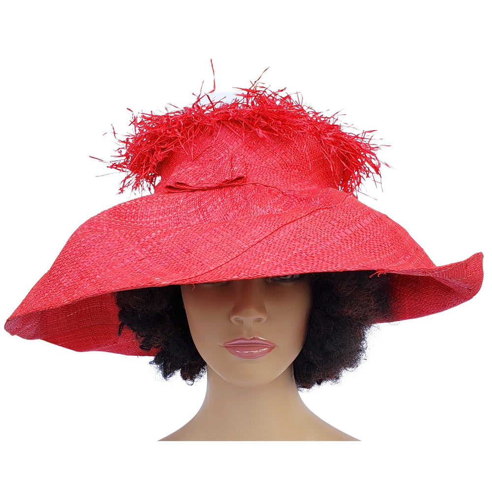 Nuru: Red Madagascar Big Brim Crown Out Raffia Sun Hat