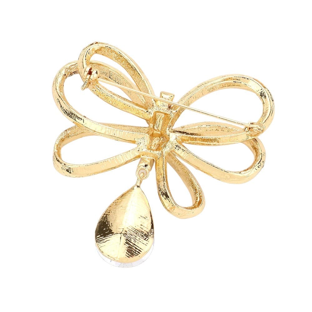 2 of 2: Pink and Green Pave Rhinestone Ribbon Dangle Brooch ( Gold Tone - Back)