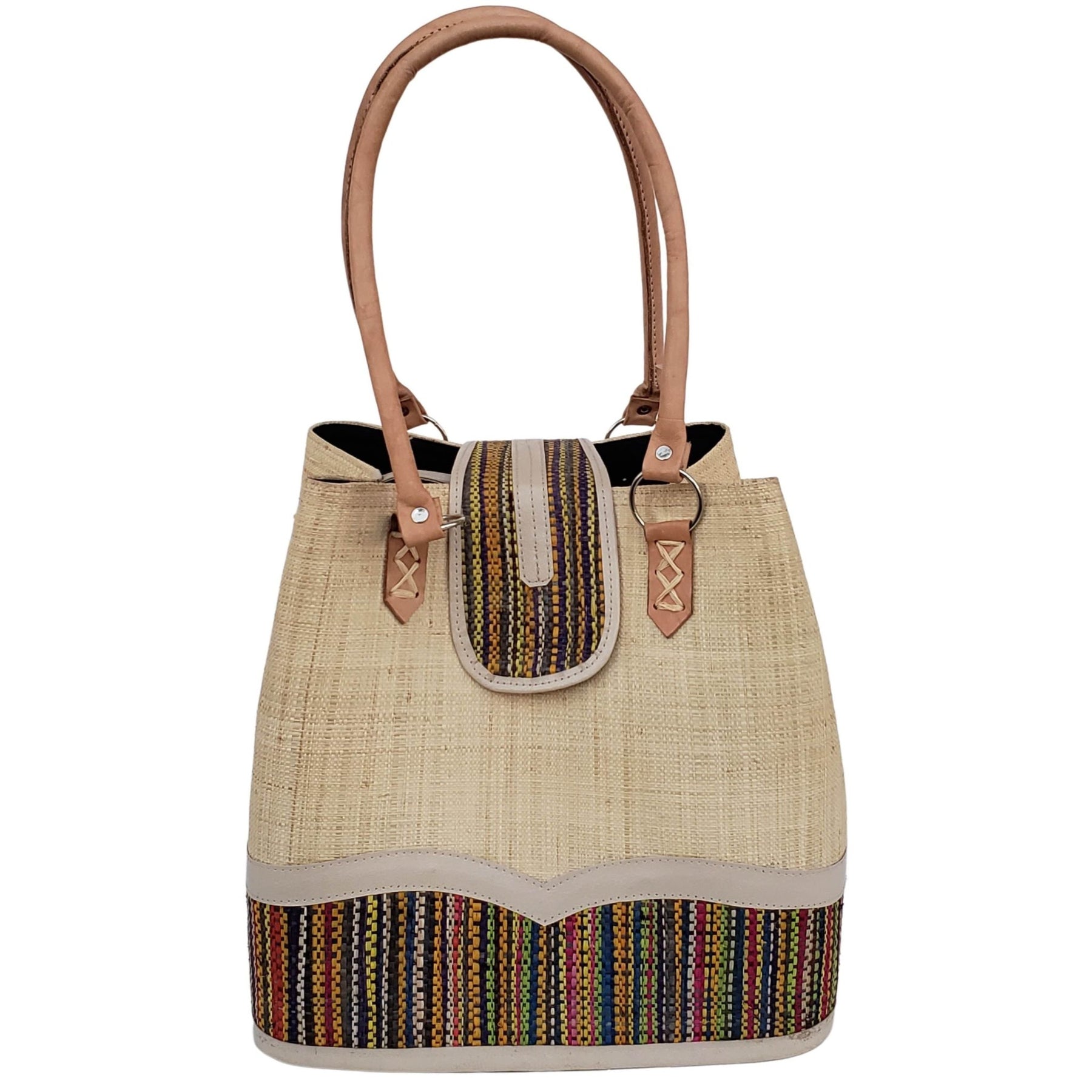 3 of 27: Rowena Raffia Bag-Hand Bag-The Raffia Boutique-Natural Stripe-Raffia and Leather-The Black Art Depot