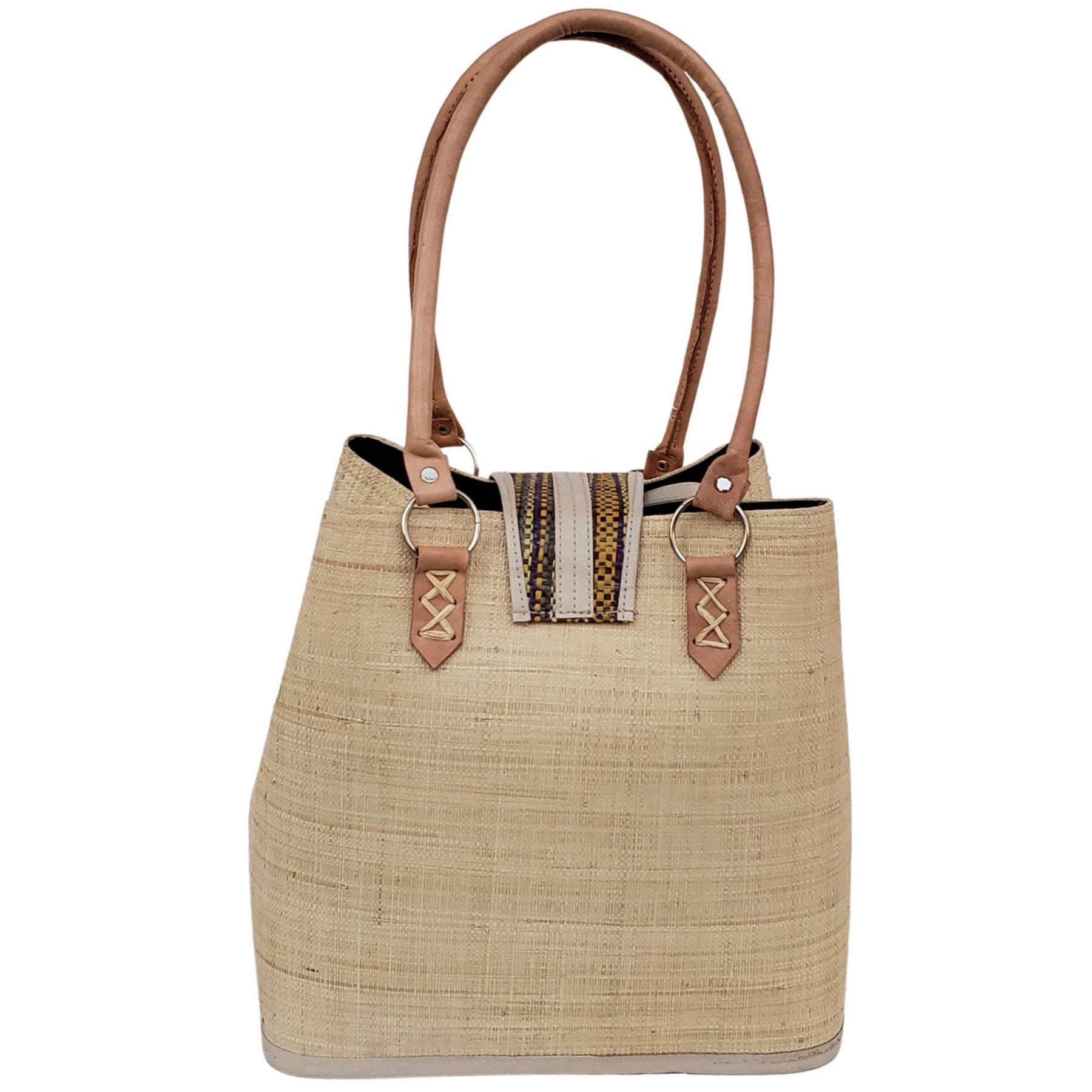 19 of 27: Rowena Raffia Bag-Hand Bag-The Raffia Boutique-Blue Stripe-Raffia and Leather-The Black Art Depot