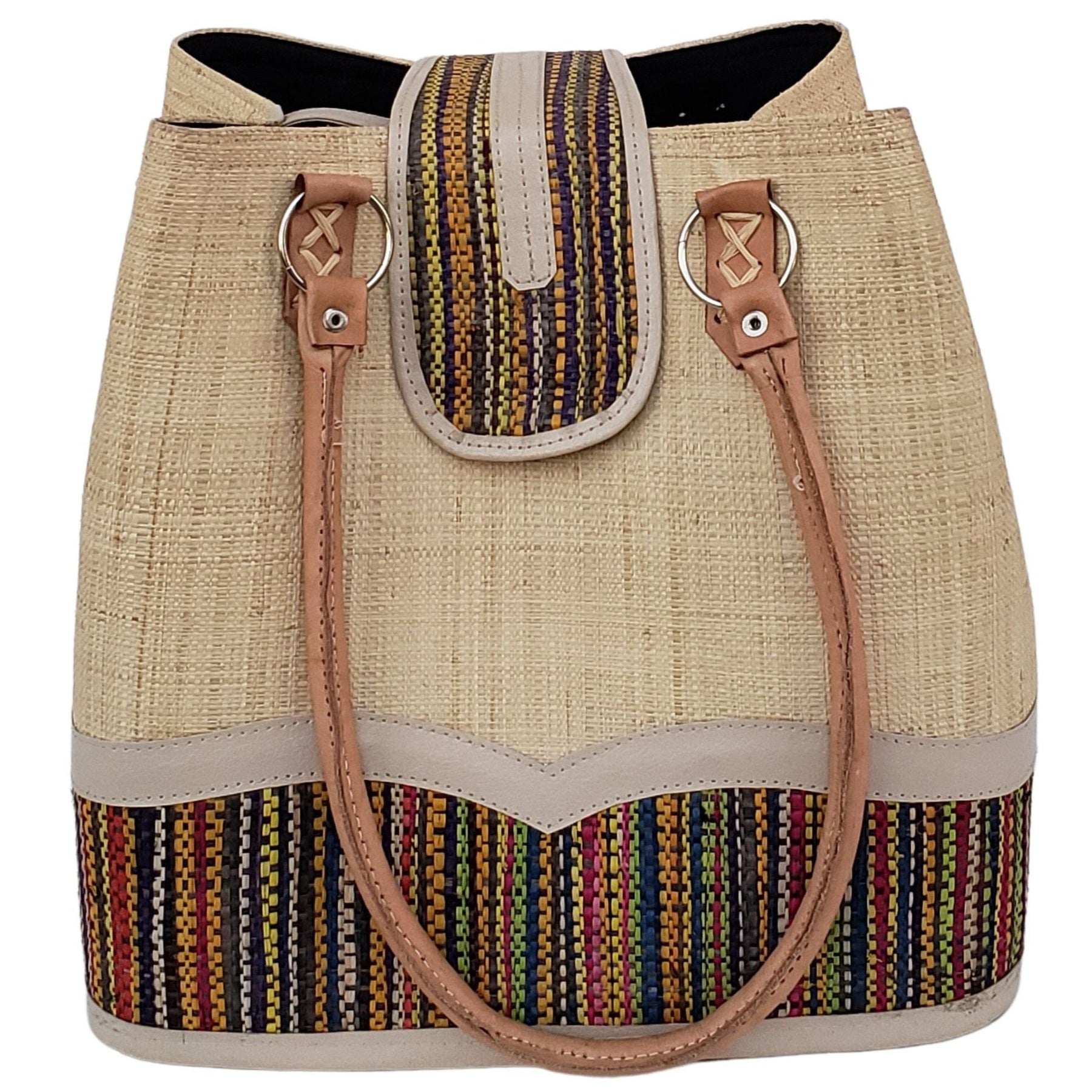 22 of 27: Rowena Raffia Bag-Hand Bag-The Raffia Boutique-Blue Stripe-Raffia and Leather-The Black Art Depot