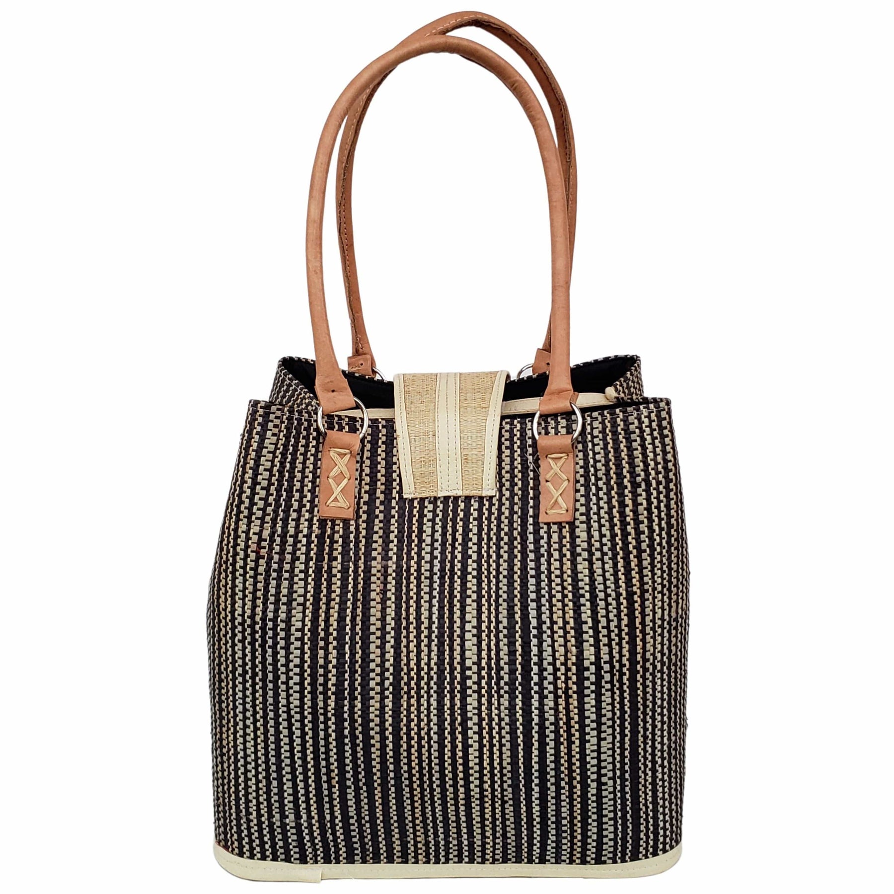 16 of 27: Rowena Raffia Bag-Hand Bag-The Raffia Boutique-Blue Stripe-Raffia and Leather-The Black Art Depot
