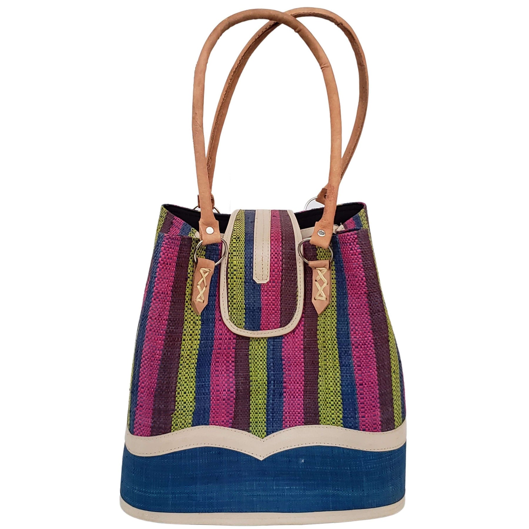 4 of 27: Rowena Raffia Bag-Hand Bag-The Raffia Boutique-Stripe Blue-Raffia and Leather-The Black Art Depot