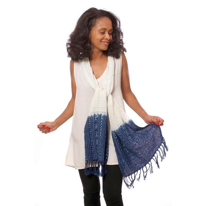9 of 14: Coumba: Natural and Blue African Mudcloth Scarf (Mali)