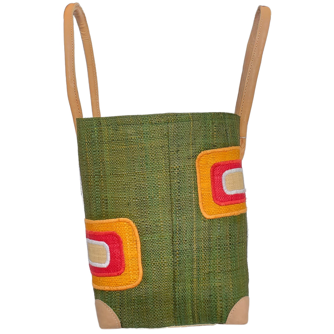 Ahitra: Authentic Madagascar Multicolored Raffia and Leather Hand Bag (Forest Green)