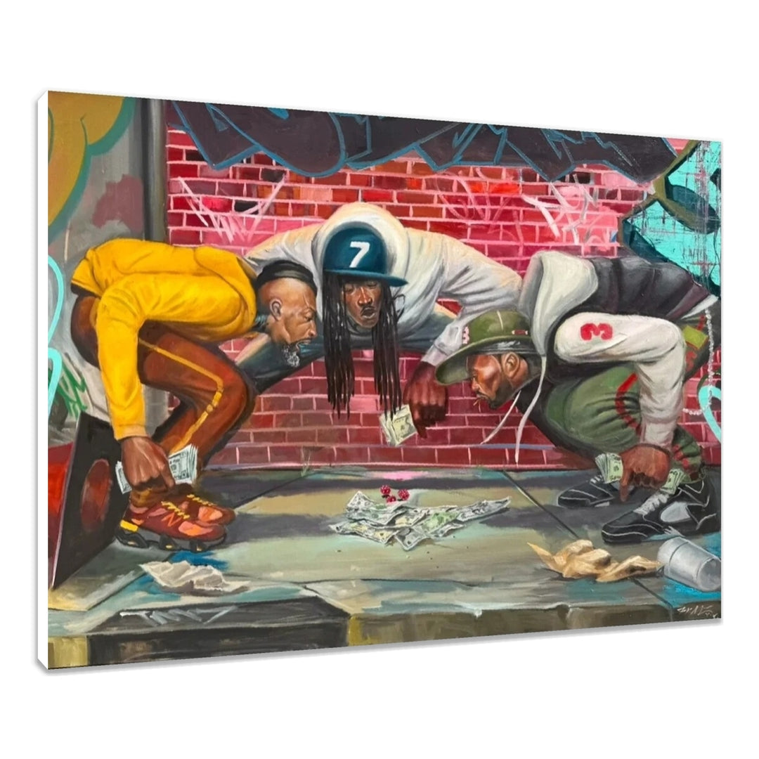 Cee-Lo (4,5,6) by Frank Morrison (Stretched Canvas) - A rectangular canvas wall art print showing a colorful street-art style painting of three men crouching over cash on a graffiti-covered brick wall. The canvas is photographed at a slight angle against a plain white background.