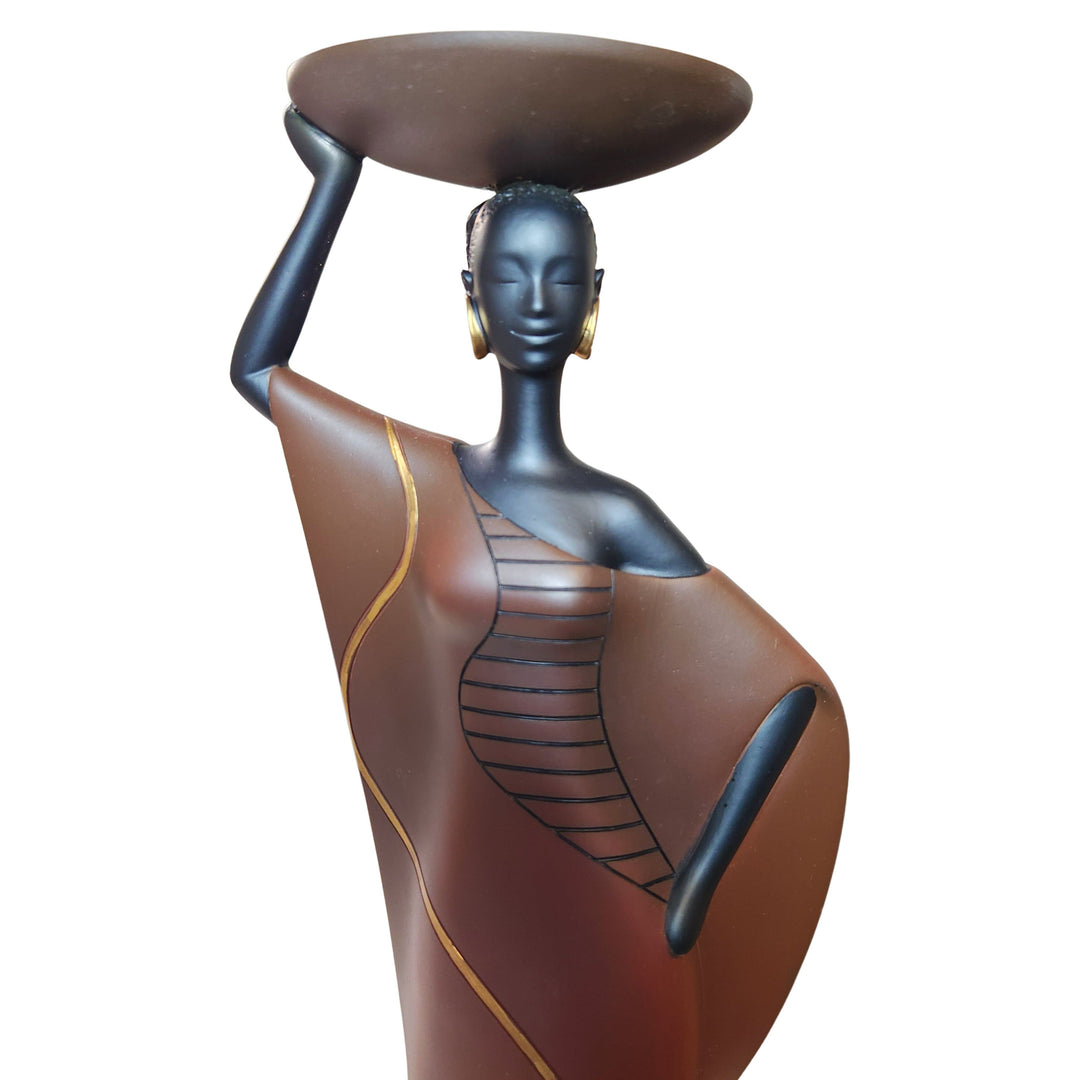 Tribal Woman II: African American Candleholder Figurine (Brown, Detail Front View)