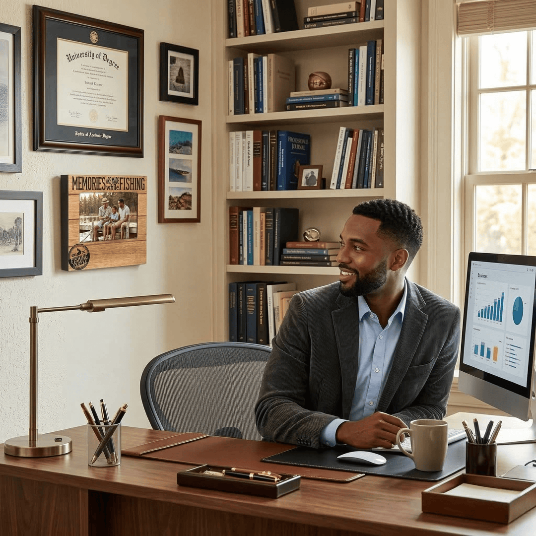Fishing Memories Photo Frame (Lifestyle) - Man sitting at a desk in an office setting with books and a computer.