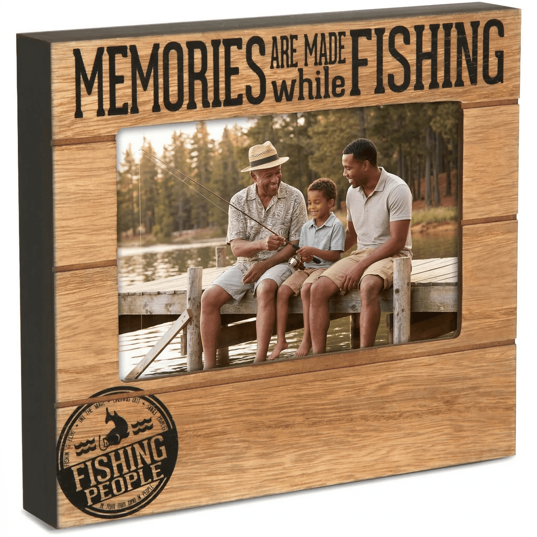 Fishing Memories Photo Frame (Main) - Wooden photo frame with 'Memories are made while fishing' text and a family fishing scene.