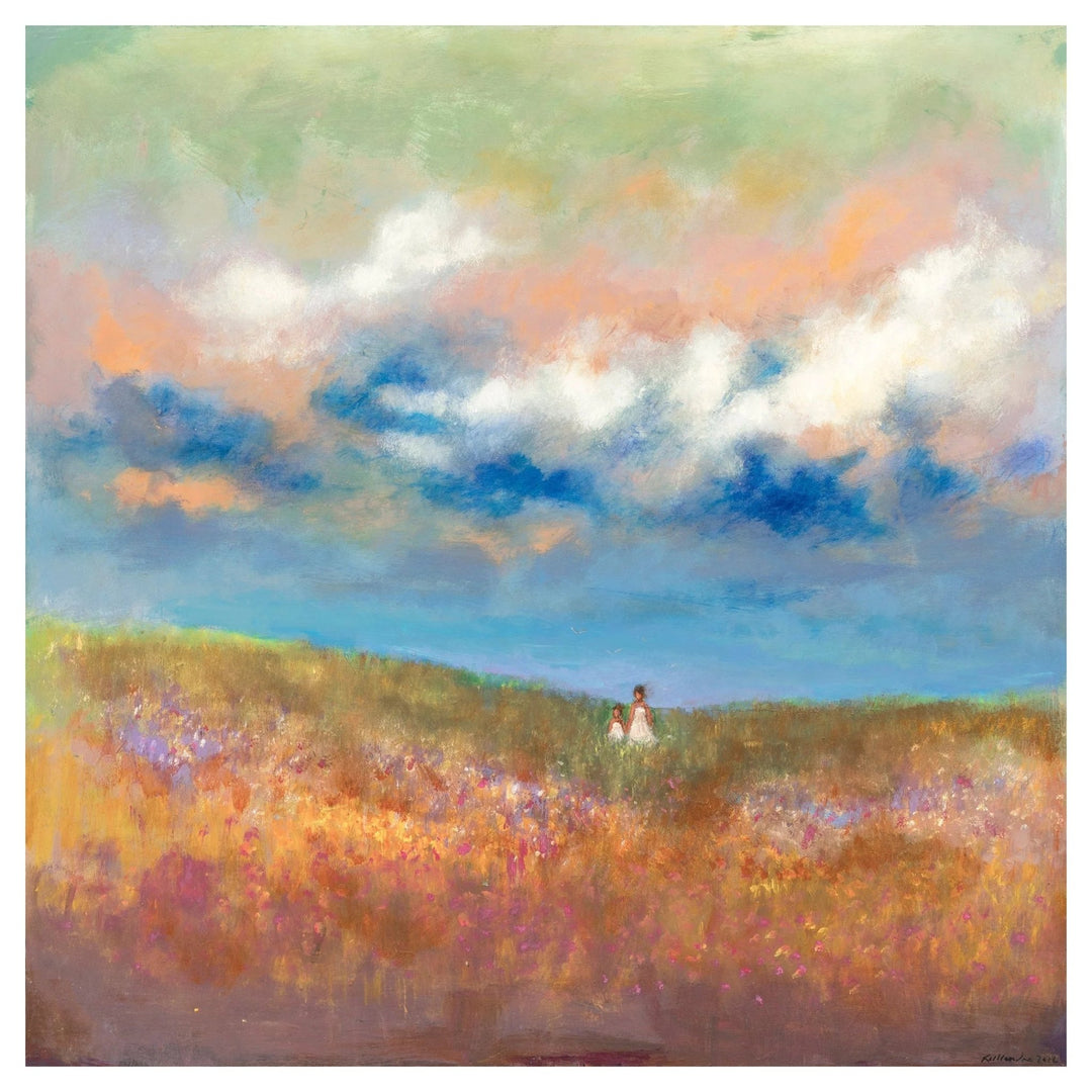A Mother's Love by Kerream Jones (Unframed) - Painting of a landscape with a field, flowers, and a sky with clouds.