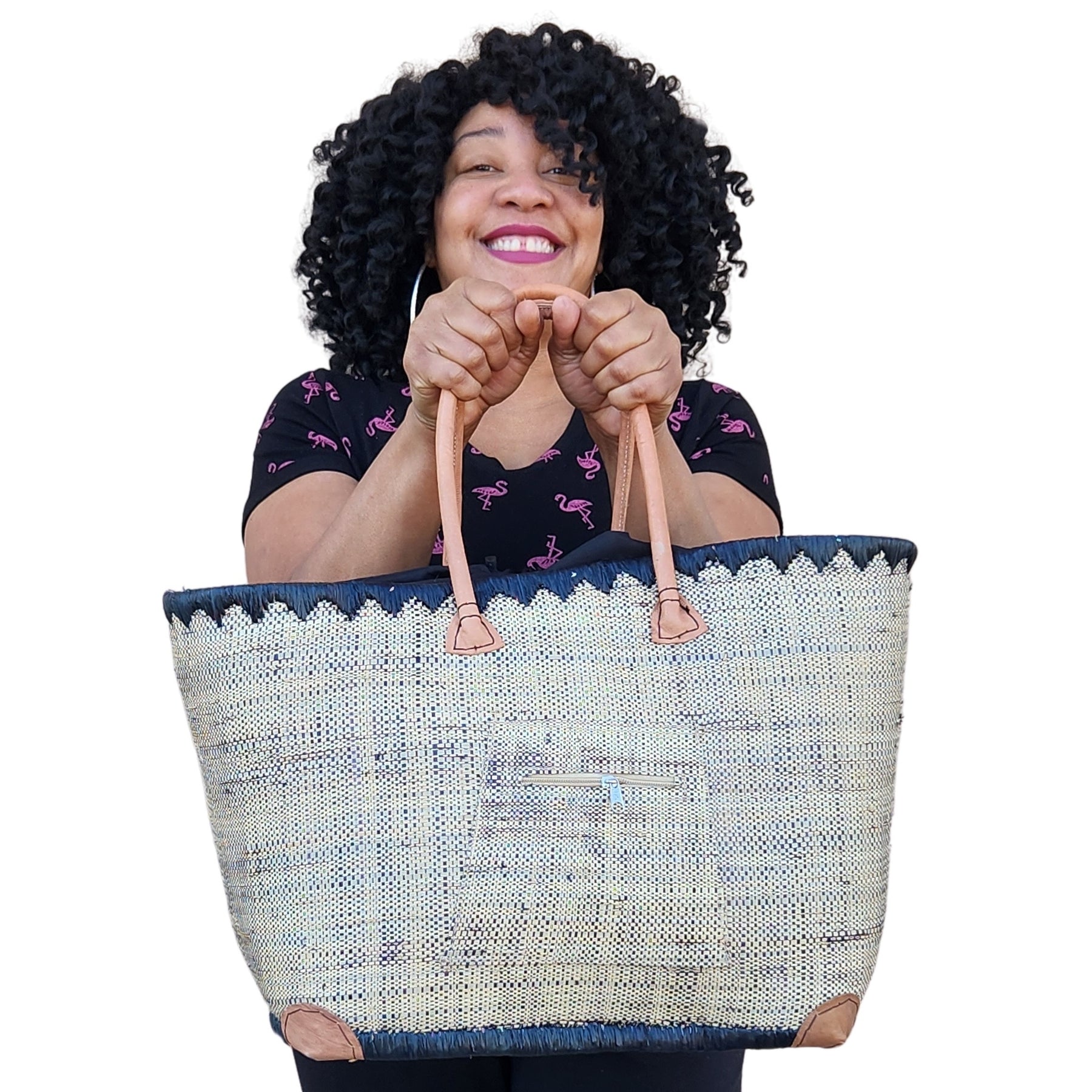 52 of 59: Adjanie: Authentic Madagascar Raffia and Leather Tote Bag (Natural Color, Lifestyle Image 1)