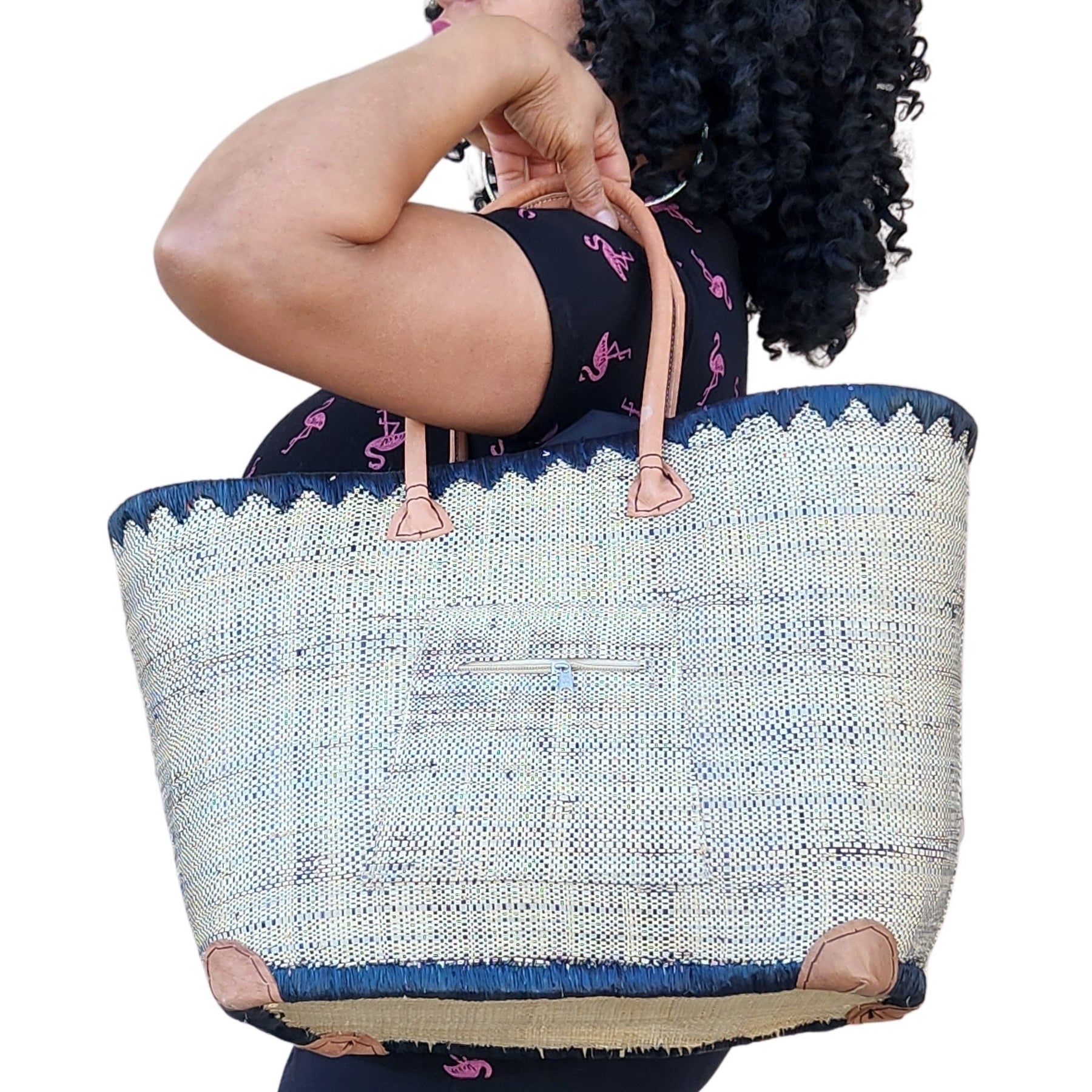 53 of 59: Adjanie: Authentic Madagascar Raffia and Leather Tote Bag (Natural Color, Lifestyle Image 2)