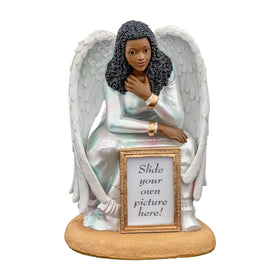 African American Guardian Angel Figurine with Picture Frame (Main) - Angel figurine with a photo frame on a white background