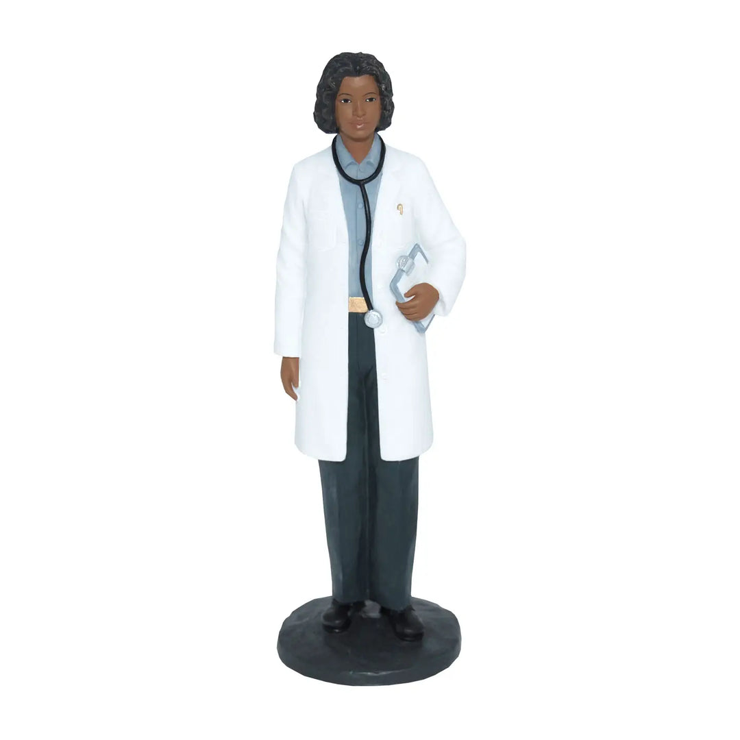 African American Female Doctor Figurine (Main) - Figurine of a person wearing a white lab coat and holding a stethoscope on a white background