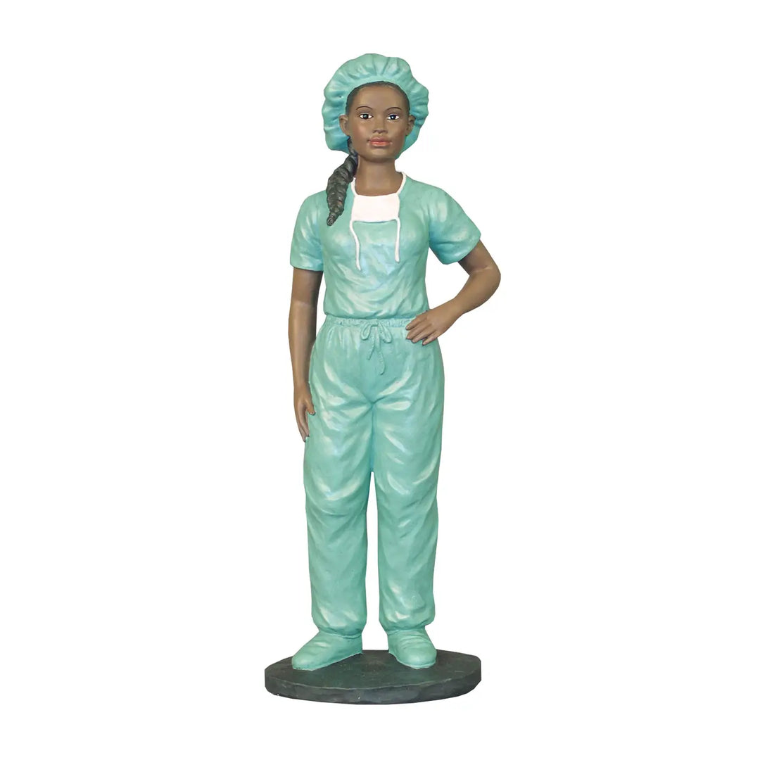 African American Female Scrup Nurse Figurine (Main) - Figurine of a person wearing a teal medical outfit on a white background