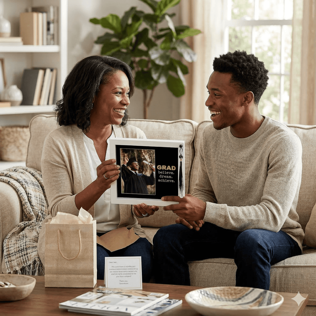 Graduate: Dream, Believe & Achieve Shadow Box Picture Frame w/ Tassel (Lifestye) - Man and woman sitting on a couch holding a 'GRAD' sign with a photo of a couple, in a home setting.