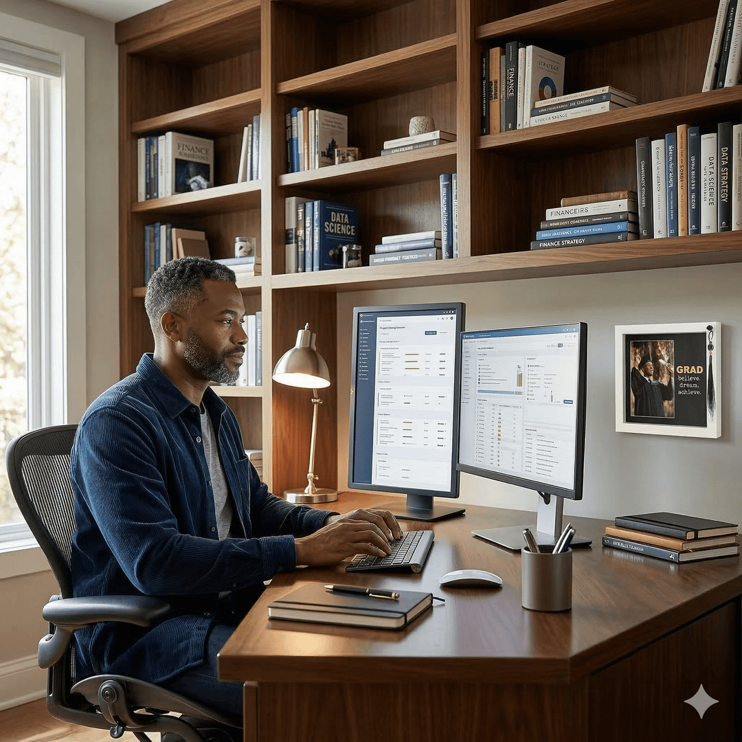 Graduate: Dream, Believe & Achieve Shadow Box Picture Frame w/ Tassel (Lifestyle 2) - Man working at a desk with two computer monitors in a home office setting.