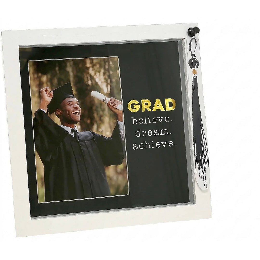 Graduate: Dream, Believe & Achieve Shadow Box Picture Frame w/ Tassel (Main) - Graduation-themed photo frame with a tassel, 'GRAD' text, and a photo of a graduate.