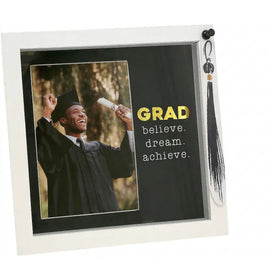 Graduate: Dream, Believe & Achieve Shadow Box Picture Frame w/ Tassel (Main) - Graduation-themed photo frame with a tassel, 'GRAD' text, and a photo of a graduate.