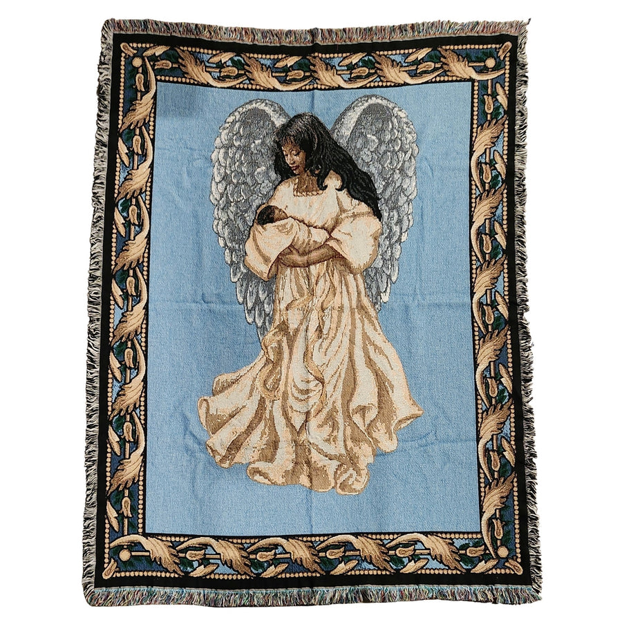 African American Guardian Angel with Baby Tapestry Throw Blanket